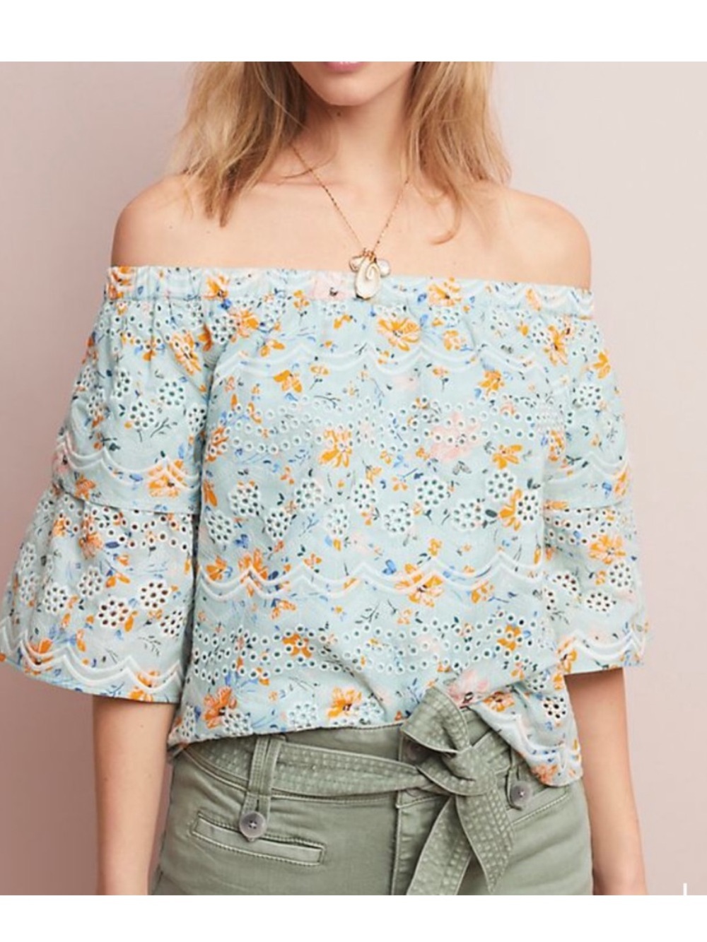 Anthropologie laid Blue Floral Eyelet Off-Shoulder Top